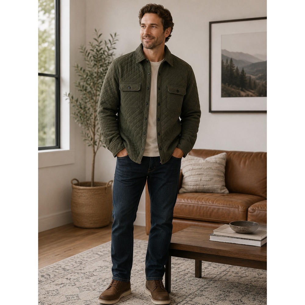Faherty Mens XL Epic Quilted Fleece CPO Shirt Jacket Olive Green Snap Front Coat